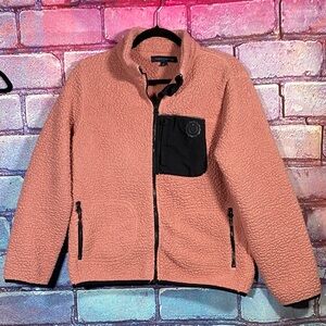 Tommy Hilfiger Women's Sherpa Fleece Jacket Medium Tan Zip Up Cozy Casual